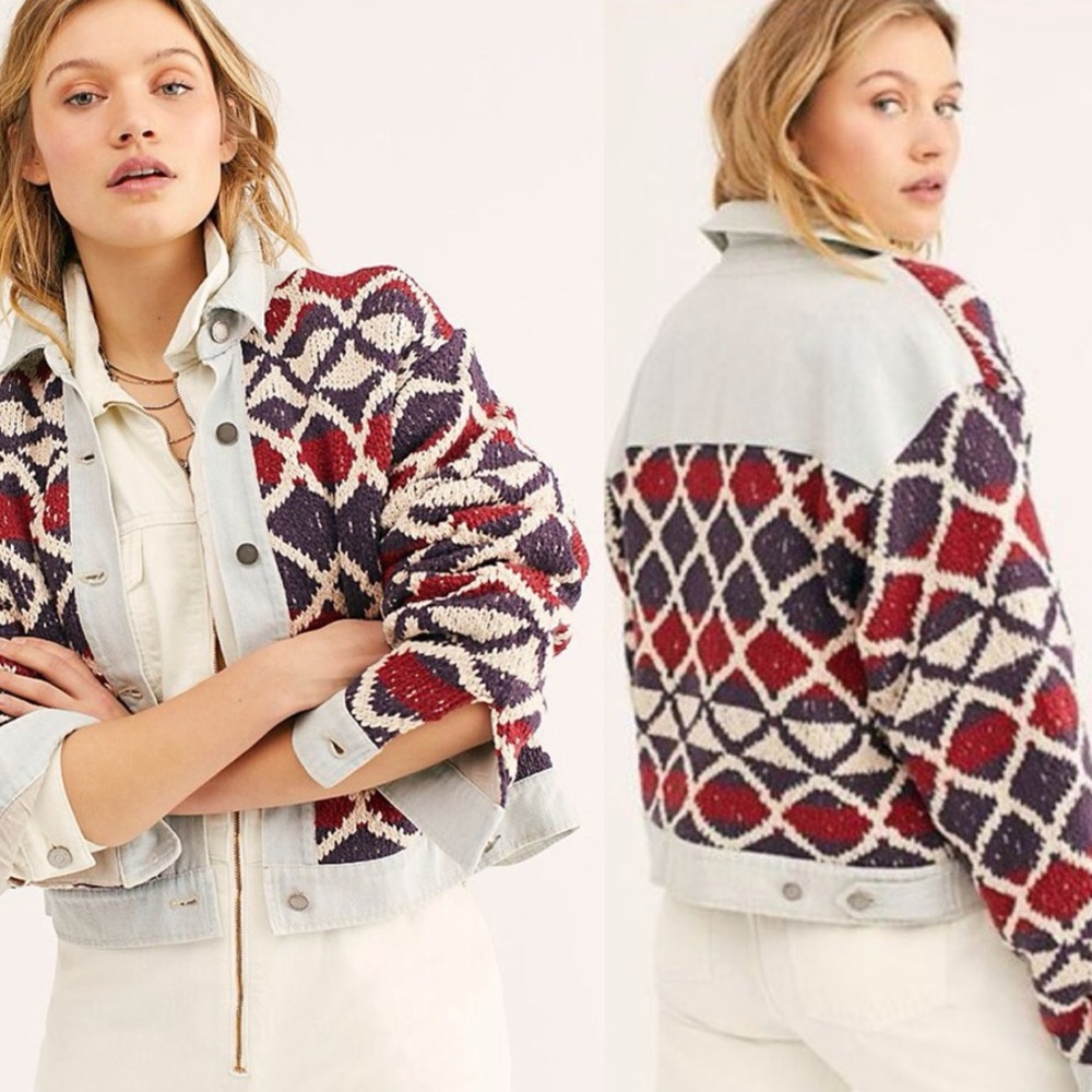 NEW FREE PEOPLE Lakeside Knit Denim Jacket M/L Z159-1
